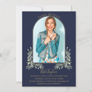 Convite de Formatura Greenery Gold Arch Azul Marin