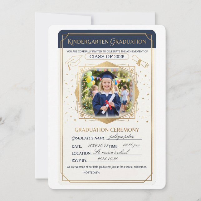 Convite de Formatura Infantil, Pré-Escolar Pré-K J (Frente)