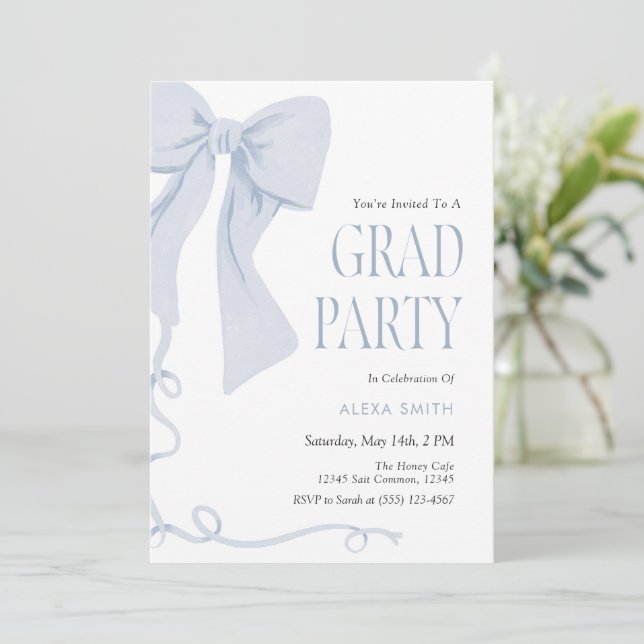 Convite de Formatura Laço Azul Clássico Preppy  (Em pé/Frente)