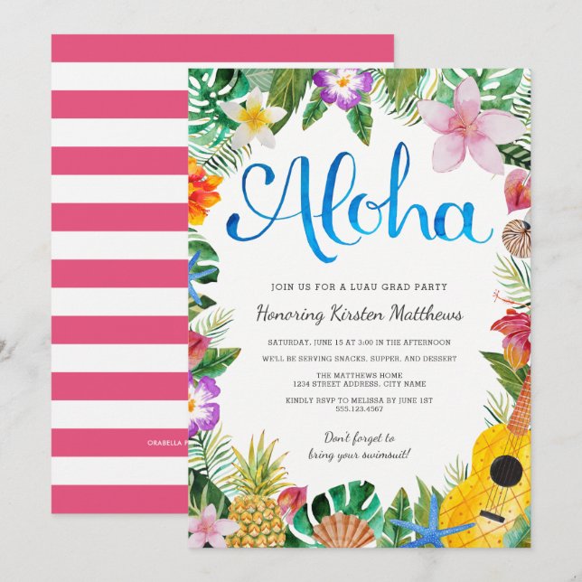 Convite de formatura Luau Tropical aquarela (Frente/Verso)
