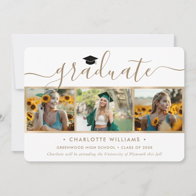 Convite de Formatura Modern Gold 4 Photo Collage S (Frente)