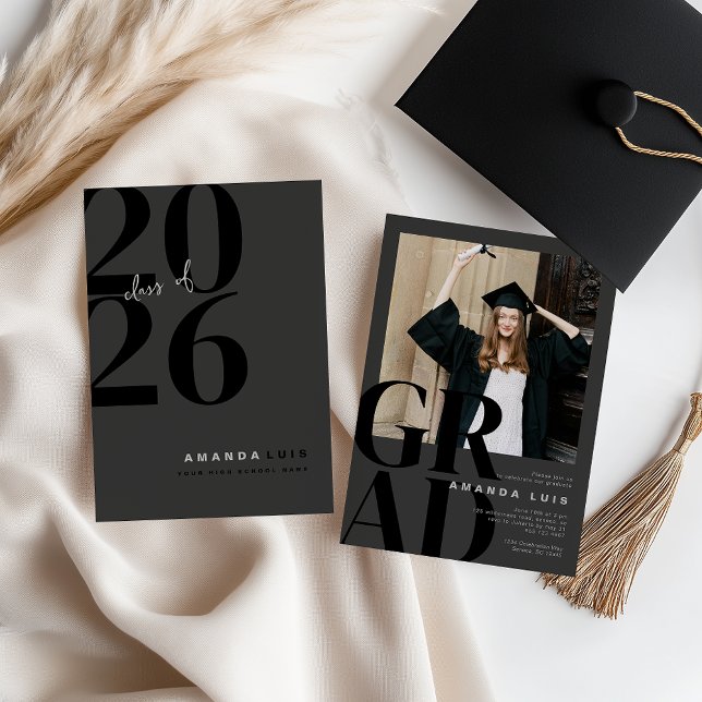Convite de Formatura Moderno Carvão com Foto Chic (Chic Modern Photo Charcoal Graduation Invitation
)