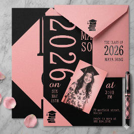 Convite de Formatura Moderno Ousado Rosa Preto Fot