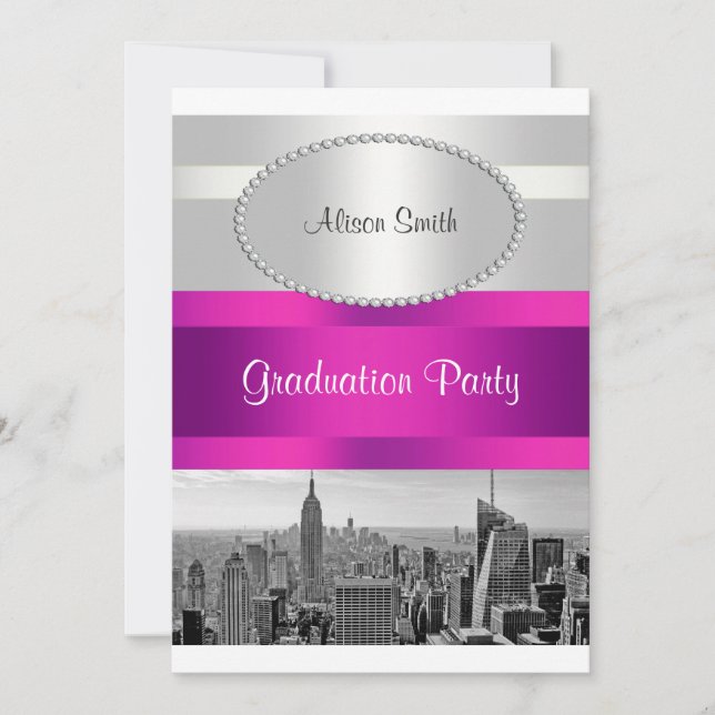 Convite de formatura NYC Skyline BW 05 Branco Rosa (Frente)