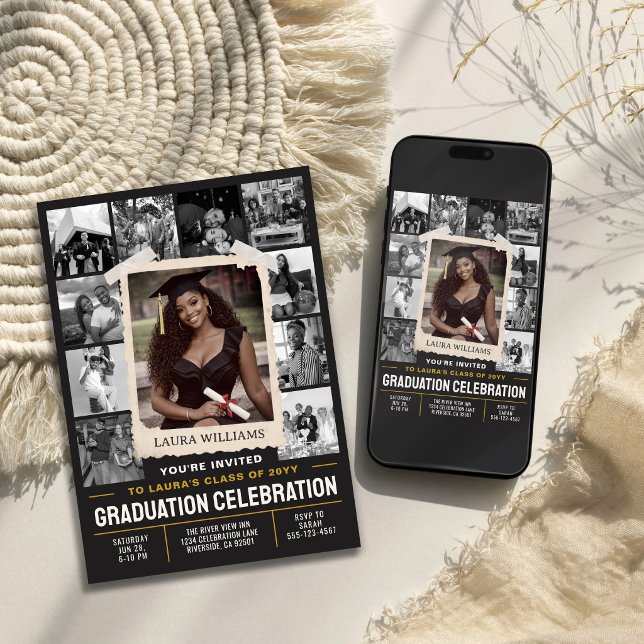 Convite de Formatura Personalizado, Colagem de Fot (Custom Graduation Invite, Retro Photo Collage Invitation)