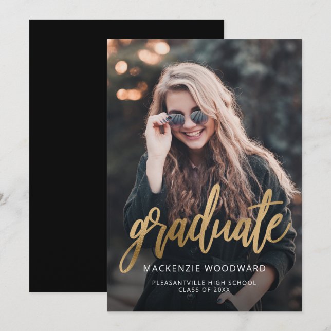 Convite de Formatura Photo Trendy Gold Script (Frente/Verso)