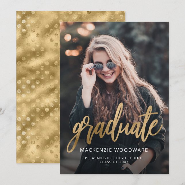 Convite de Formatura Photo Trendy Gold Script (Frente/Verso)