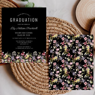 Convite de Formatura Preto com Padrão de Flor Silv