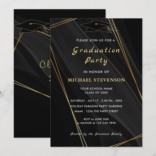 Convite de Formatura Preto Elegante com Dourado (Frente/Verso)