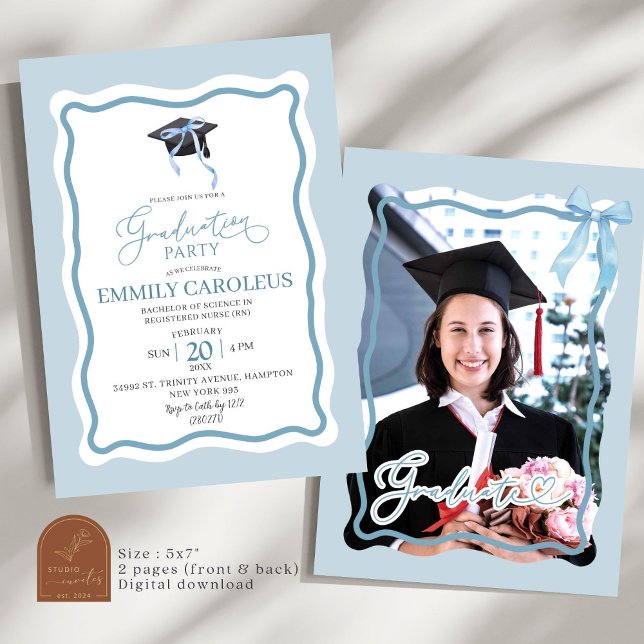 Convite de Formatura Retro Ondulado Azul Com Foto (Criador carregado)