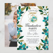 Convite de Formatura RN Floral Turquesa e Dourado 