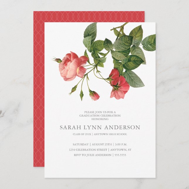 Convite de Formatura Rosa Floral Vintage (Frente/Verso)
