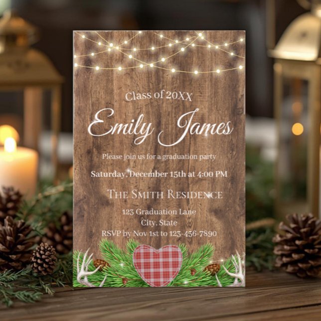 Convite de Formatura Rústica Florestal | Cervo (Rustic woodland graduation invitation with string lights, deer antlers and custom party details.)