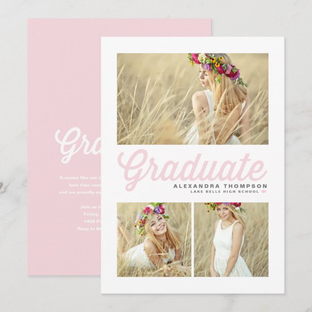 Convite de Formatura Três Fotos em Script Retro Ro (Frente/Verso)