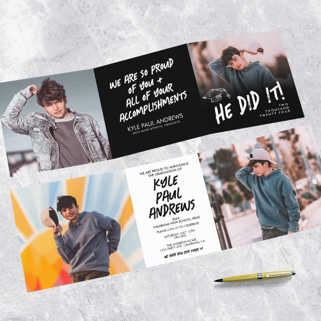 Convite de Formatura Trifold de Foto Masculino (Criador carregado)