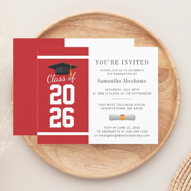 Convite de Formatura Vermelho Branco 2026 Simples (Graduation 2025 Red White Typography Party Invitation)