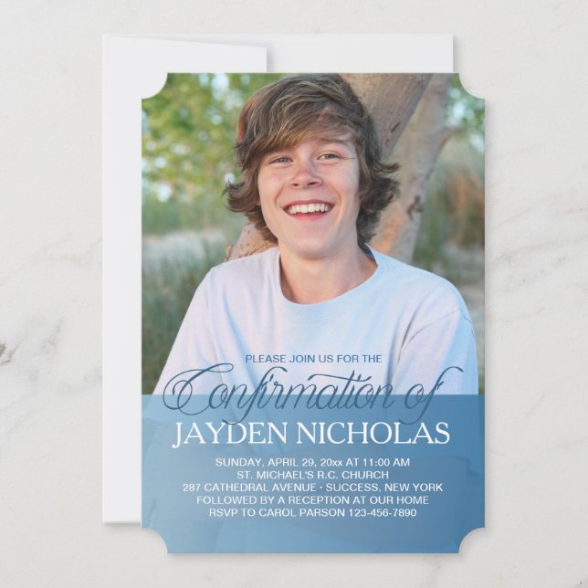 Convite de Foto Azul de Transparência de Confirmaç (Frente)