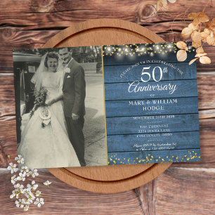 Convite de Foto Blue Rustic para o 50º Aniversário