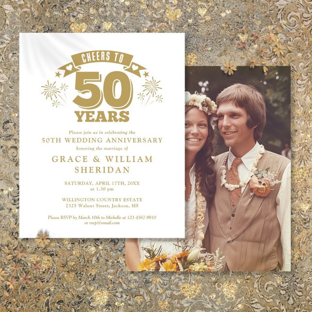 Convite de Foto com Brinde ao 50º Aniversário no O (Budget Cheers To 50th Anniversary Photo Invite)