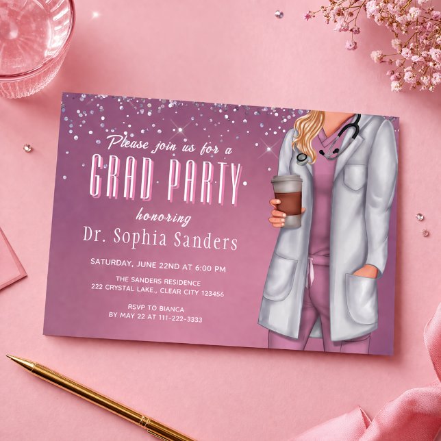 Convite de Foto da Festa de Formatura de Doutor (Modern doctor graduation party invite pink elegant layout)