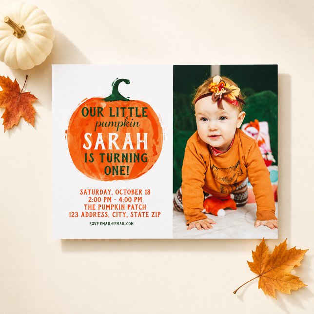 Convite de Foto da Nossa Pequena Abóbora (Fall Little Pumpkin First Birthday Invitation)