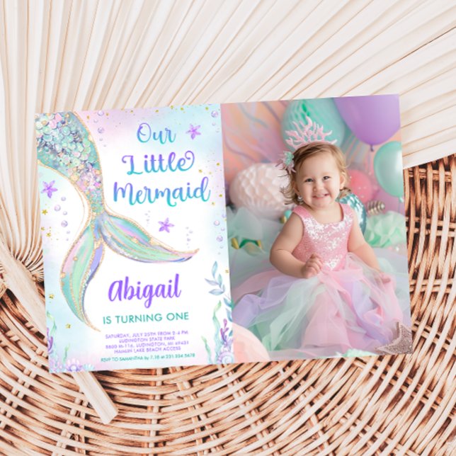 Convite de Foto de 1º Aniversário de Sereia (Mermaid 1st Birthday Photo Invitation)