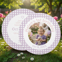 Convite de Foto de 1º Aniversário Gingham Lavender