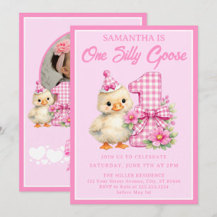 Convite de foto de 1º aniversário Silly Goose Rosa