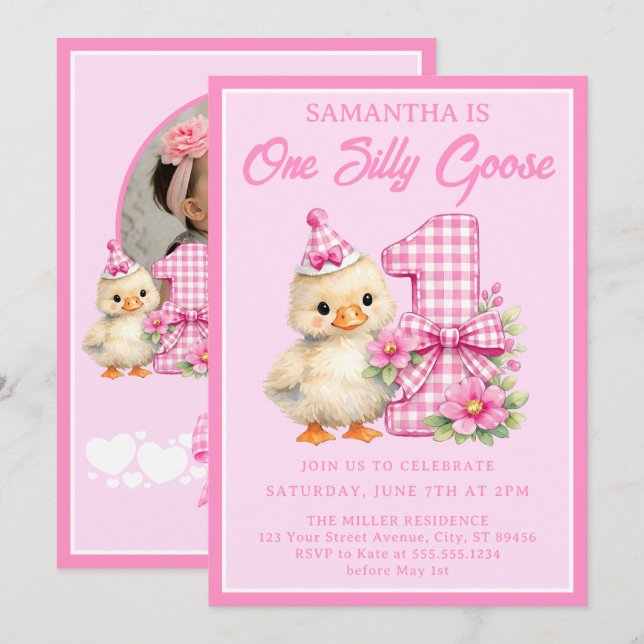 Convite de foto de 1º aniversário Silly Goose Rosa (Frente/Verso)
