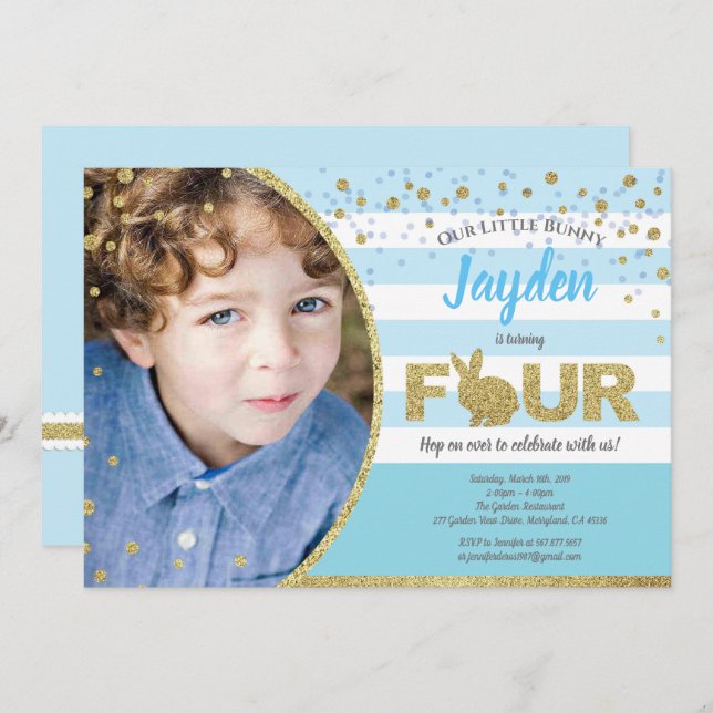 Convite de foto de 4º aniversário do menino coelho (Frente/Verso)