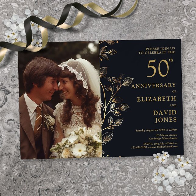 Convite de foto de 50º aniversário de casamento do (Golden 50th Wedding Anniversary Photo Invitation)