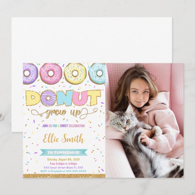 Convite de Foto de Aniversário com Donut (Frente/Verso)