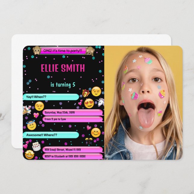 Convite de Foto de Aniversário com Emoji (Frente/Verso)