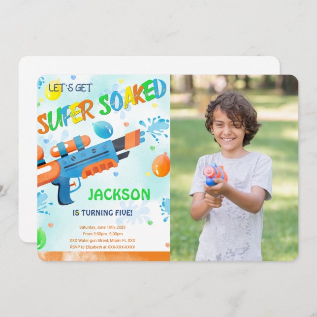 Convite de Foto de Aniversário com Pistola de Água (Frente/Verso)