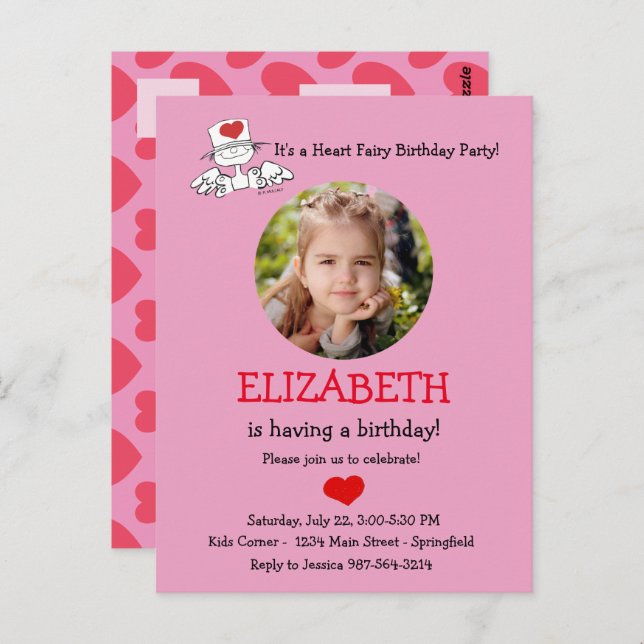 Convite de Foto de Aniversário da Fada do Coração© (Frente/Verso)