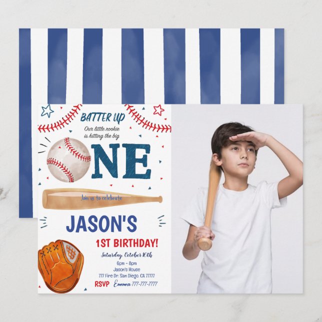 Convite de Foto de Aniversário de 1º de Beisebol  (Frente/Verso)