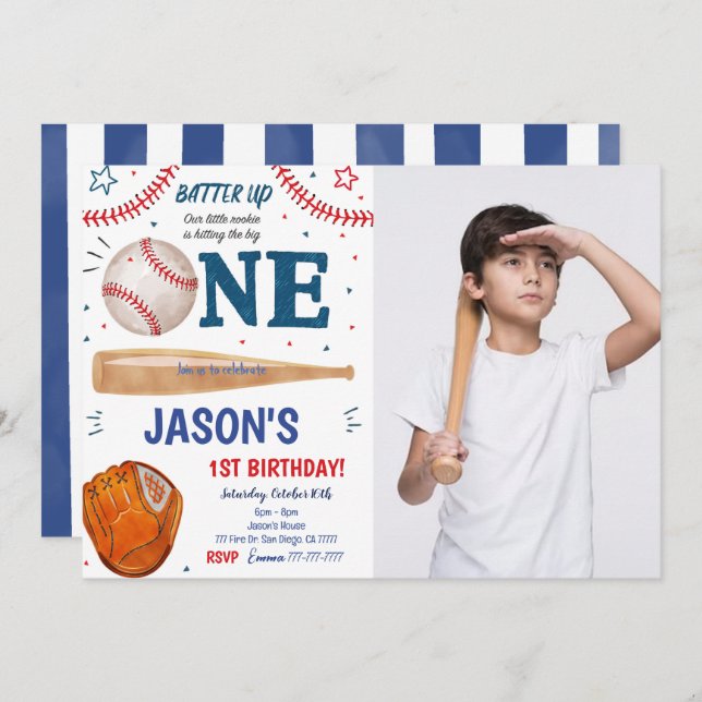 Convite de Foto de Aniversário de 1º do Baseball  (Frente/Verso)