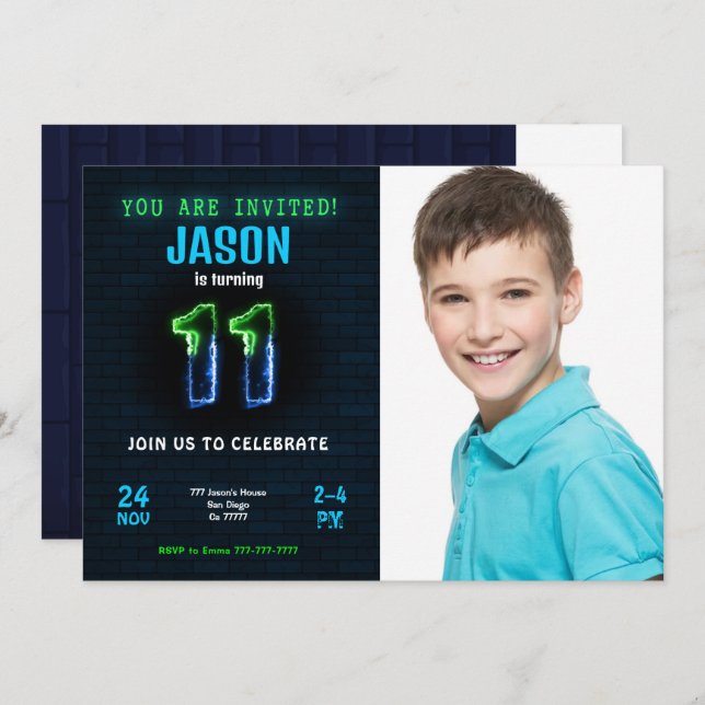 Convite de foto de aniversário de 11 anos para men (Frente/Verso)
