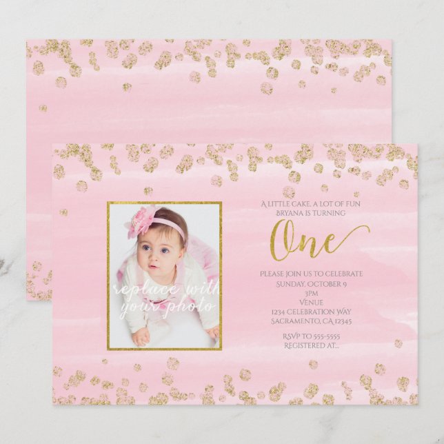 Convite de Foto de Aniversário de 1 Ano Blush Rosa (Frente/Verso)