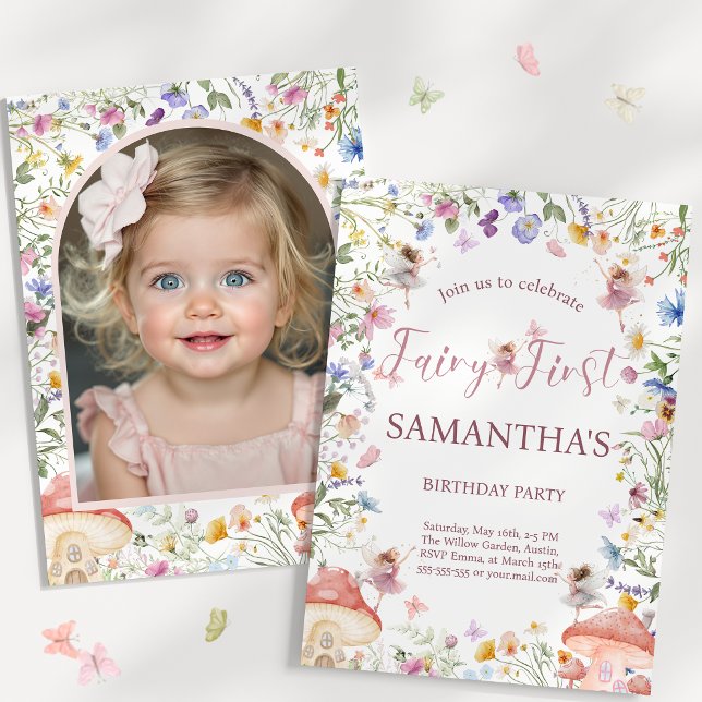 Convite de Foto de Aniversário de 1 Ano para Jardi (Wildflower Fairy Garden 1st Birthday Photo Invite)
