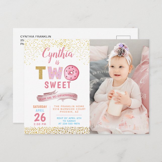 Convite de Foto de Aniversário de 2 Anos de Menina (Frente/Verso)