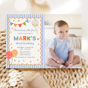 Convite de Foto de Aniversário de 3 Anos de Menino