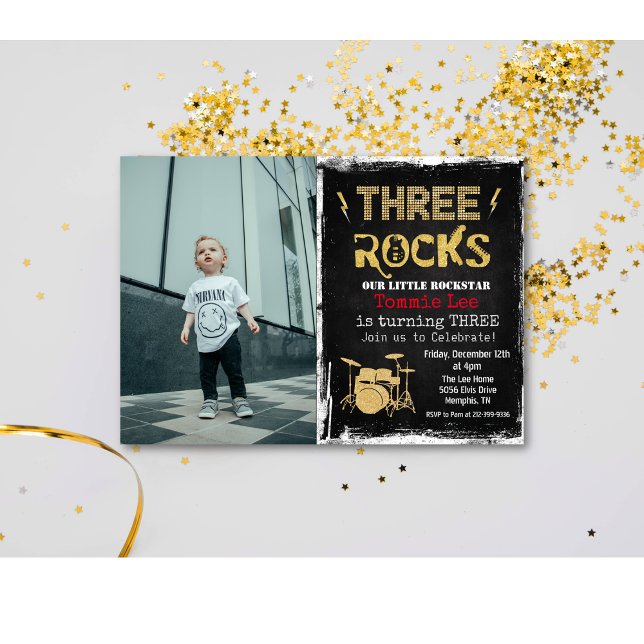 Convite de Foto de Aniversário de 3 Anos Rockstar (Criador carregado)