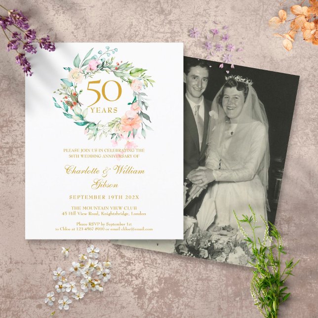 Convite de Foto de Aniversário de 50 anos com Flor (Criador carregado)