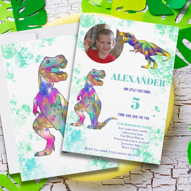 Convite de Foto de Aniversário de 5 Anos do Dinoss (Dinosaur colorful T-Rex 5th birthday party invitation with photo template )