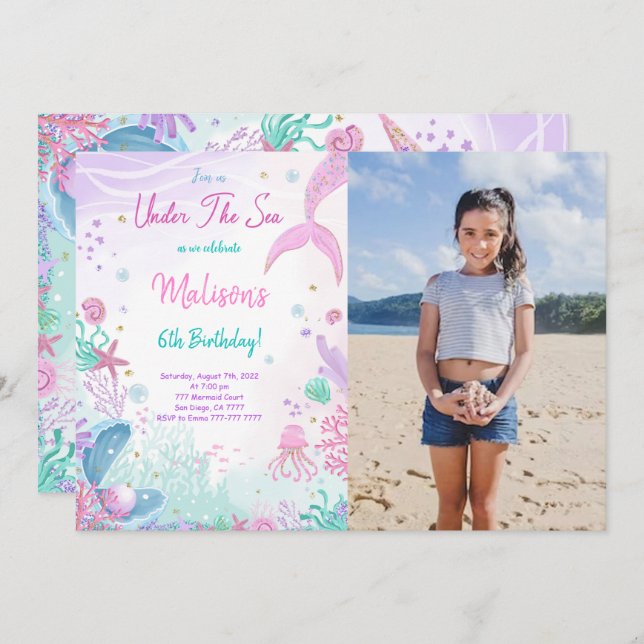 Convite de Foto de Aniversário de 6 anos de Sereia (Frente/Verso)