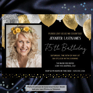 Convite de Foto de Aniversário de 75 anos Dourado 