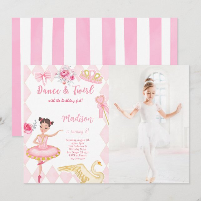 Convite de Foto de Aniversário de 8 anos de Bailar (Frente/Verso)