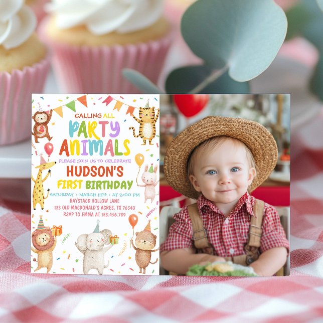 Convite de Foto de Aniversário de Animais de Festa (Criador carregado)