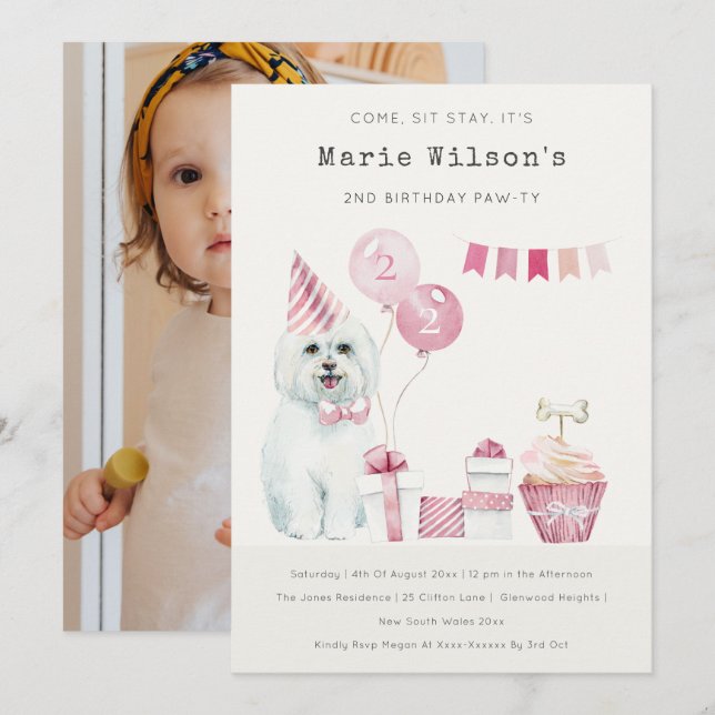 Convite de Foto de Aniversário de Cachorro Rosa Fo (Frente/Verso)